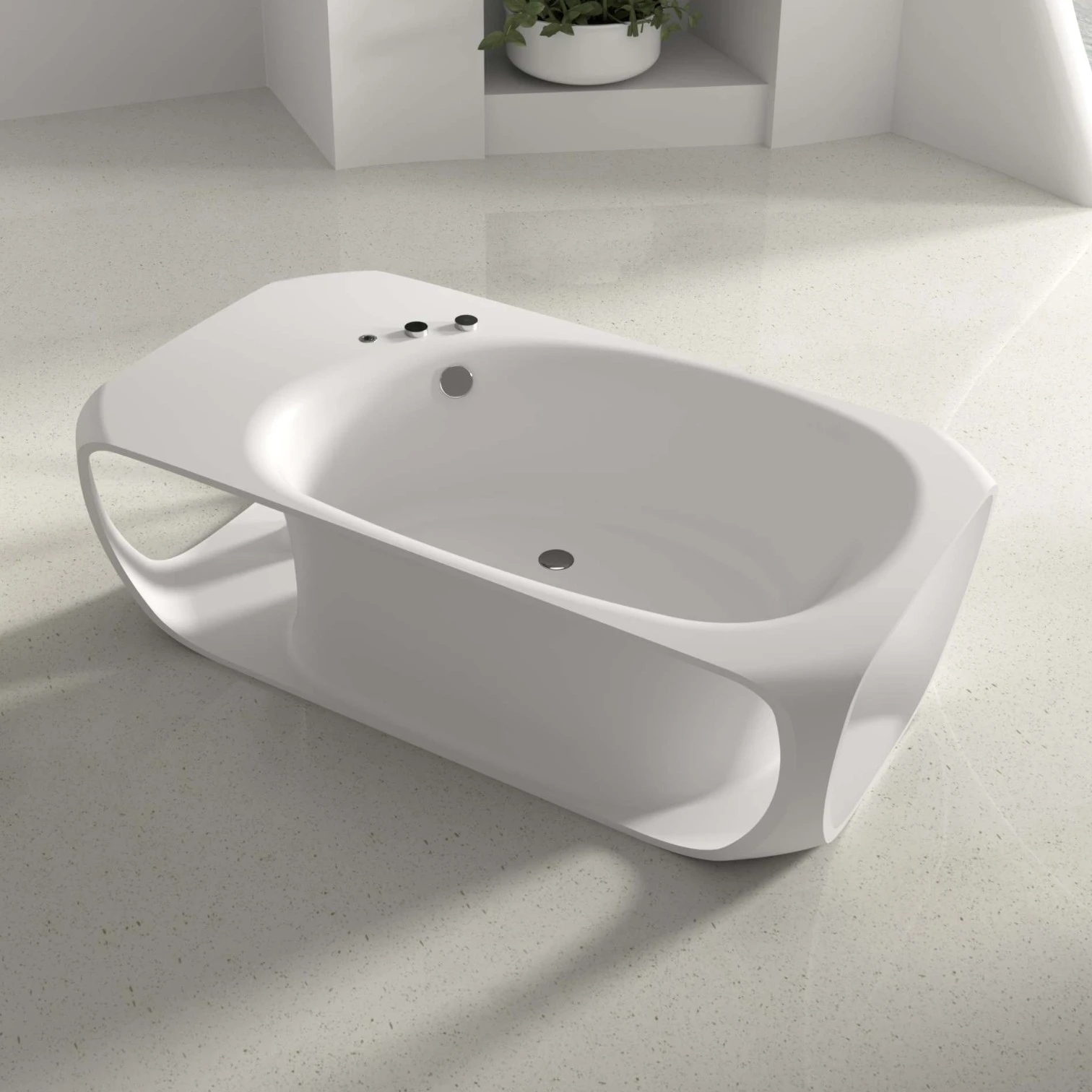75-Inch Luxury Solid Surface Freestanding Bathtub with Sculptural Hollow Design